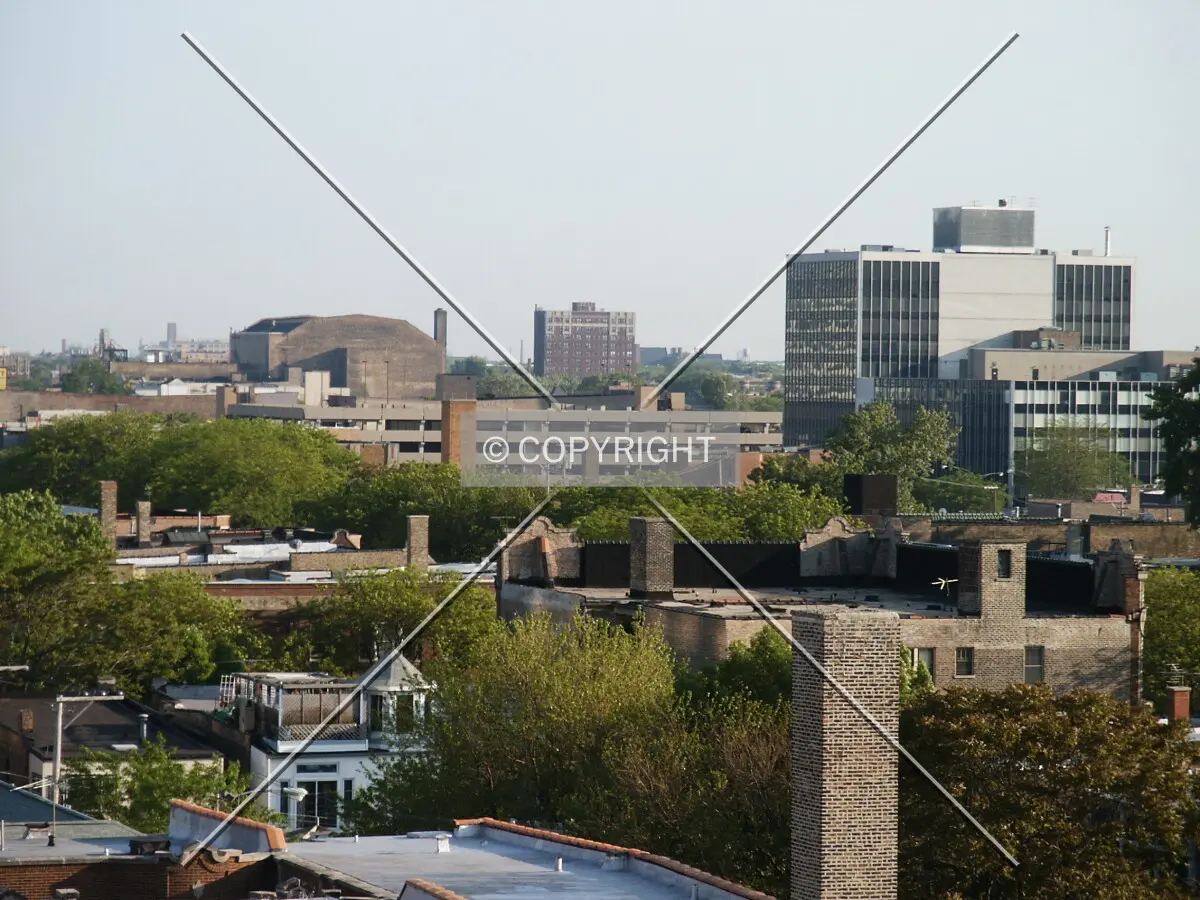 Distant view from a rooftop on Balmoral Street