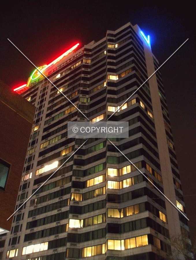 From the southwest , on the corner of 20th and Hamilton Streets, at night