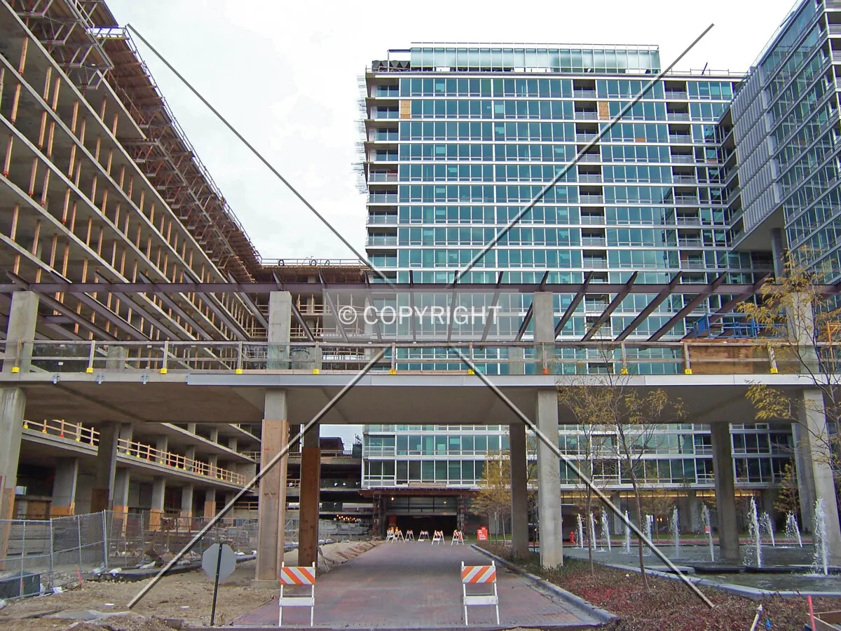 Looking east along the north half of the driveway; the Maple Tower is on the left, and the nearly completed Elm Tower is on the right