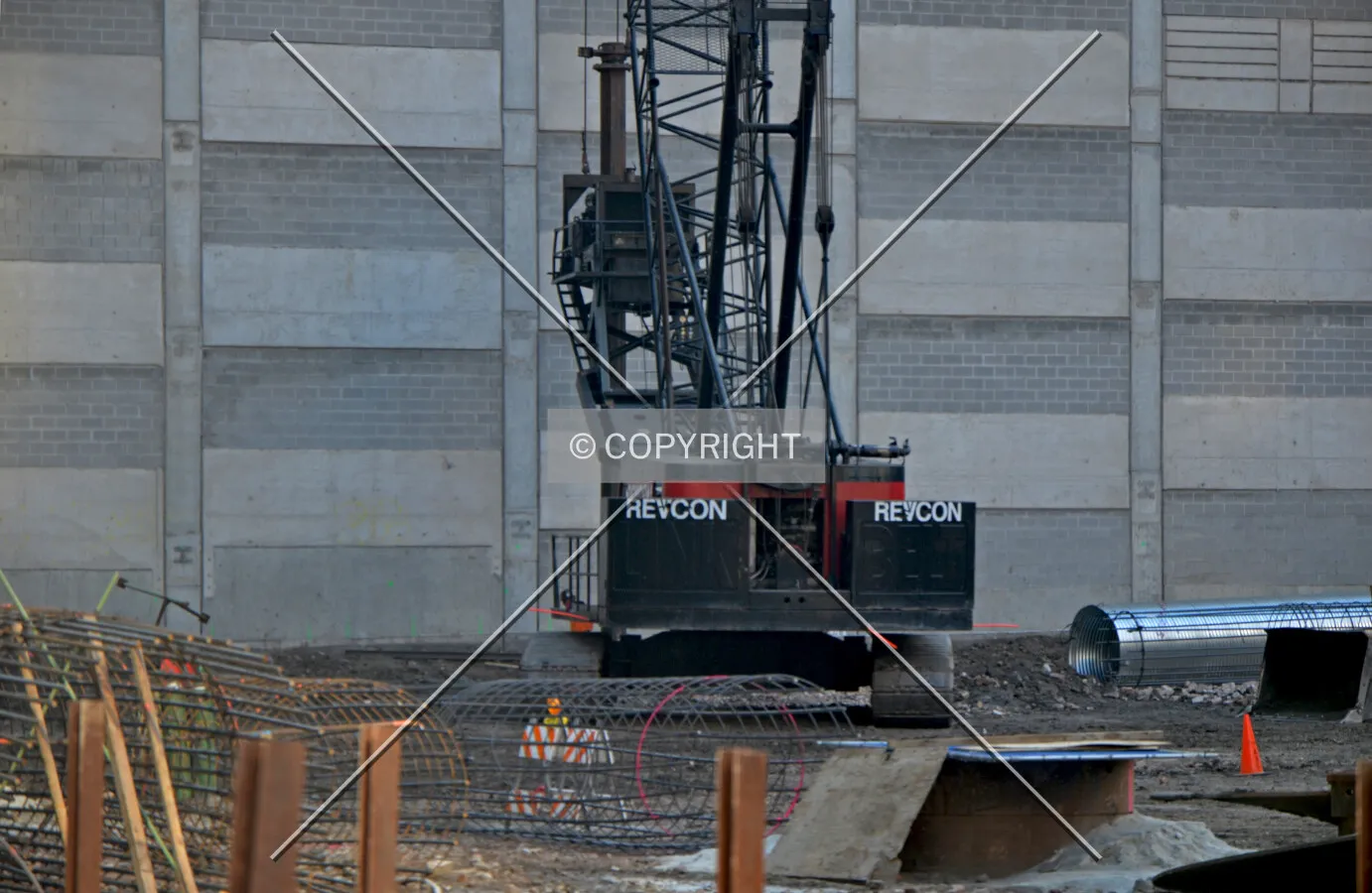 Rebar cages and a caisson drill rig on the western end of the site, September 6, 2013.