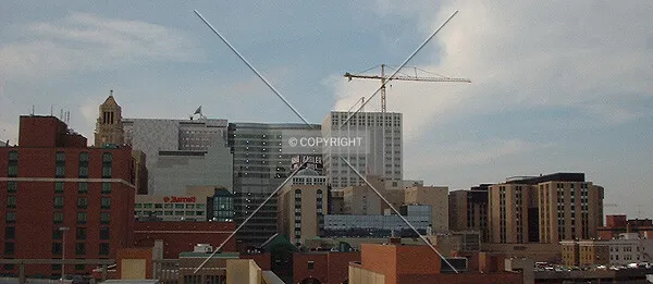 View to the west from the Civic Center Ramp, the crane has not yet been taken down