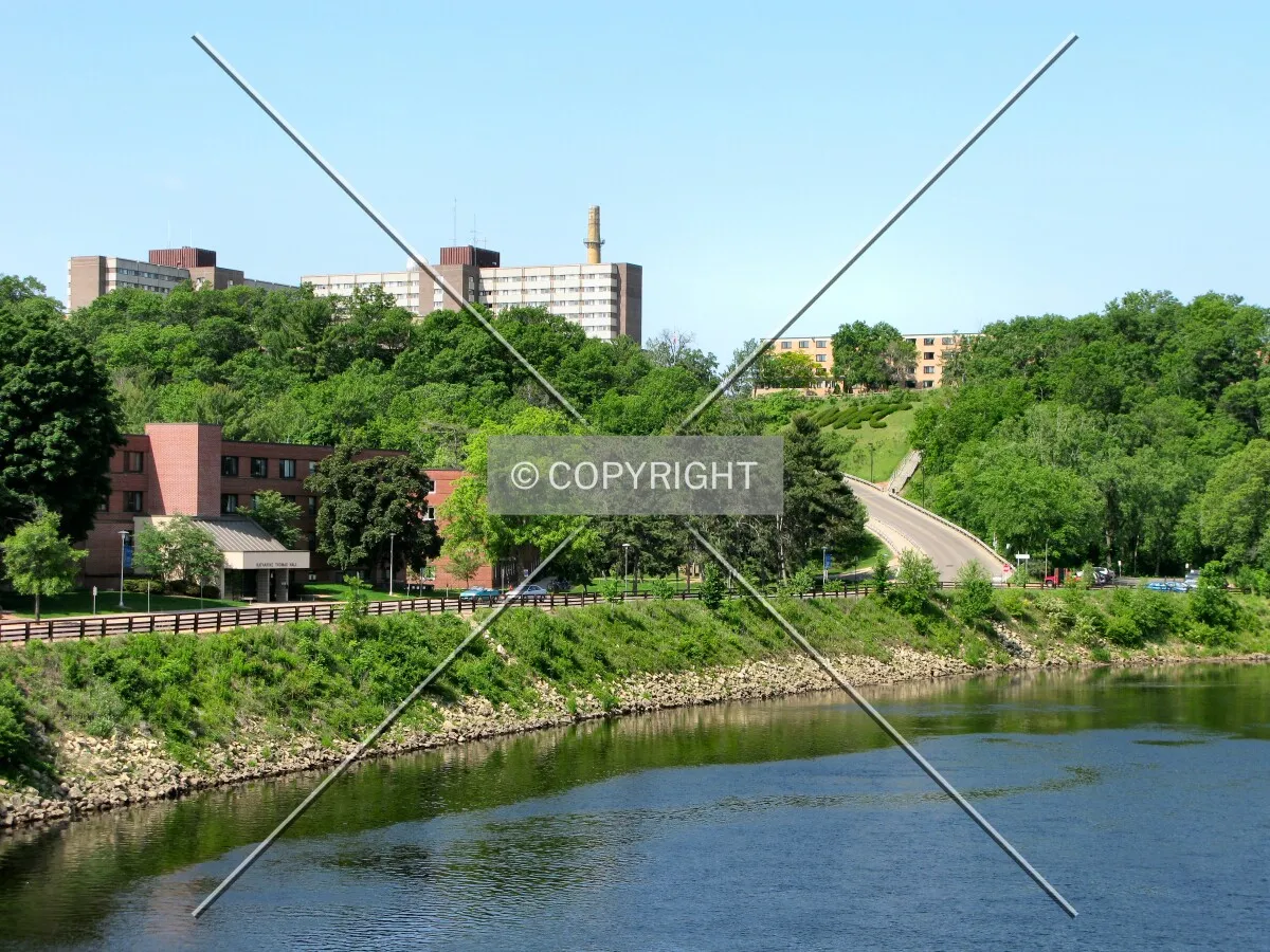 View toward Upper Campus from the footbridge over the Chippewa River
