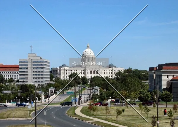 Distant view to the northeast from the Cathedral steps; Transportation Building on left, Minnesota History Center on right