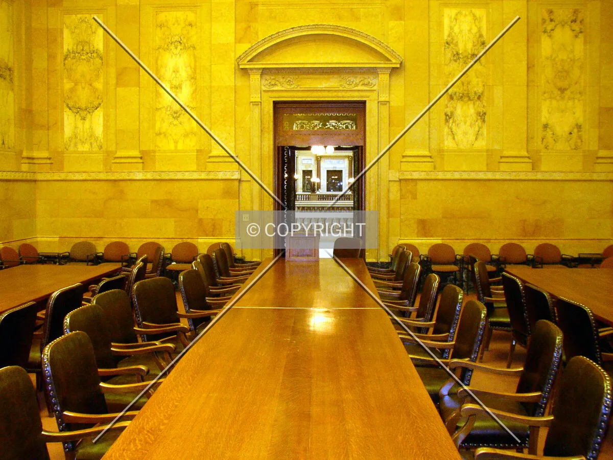 Looking south across the North Hearing Room towards the entrance