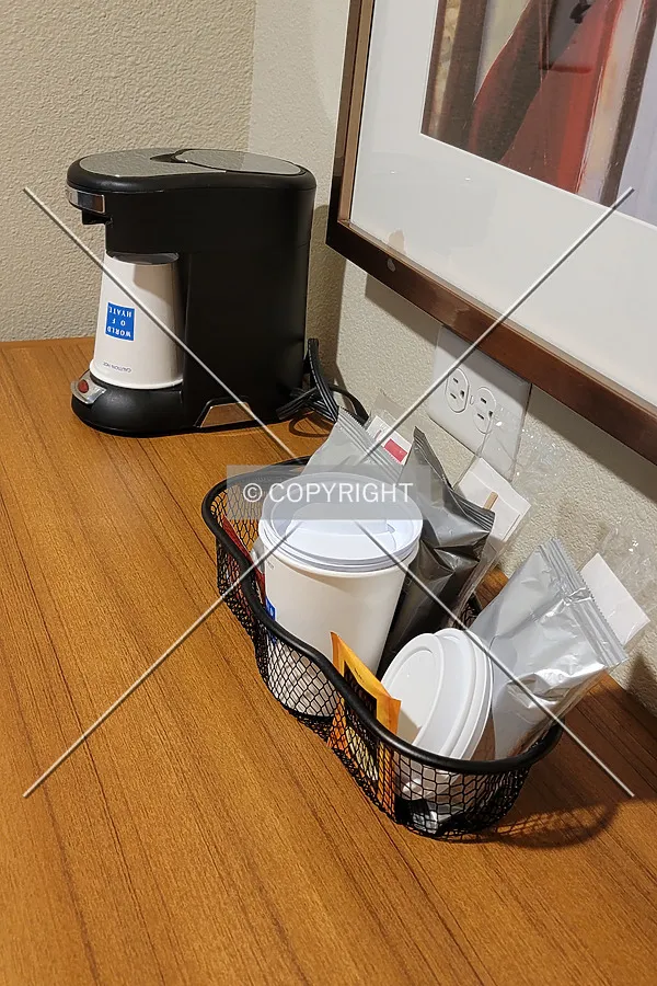 Coffee setup in a Hyatt Place guest room; July 3, 2021