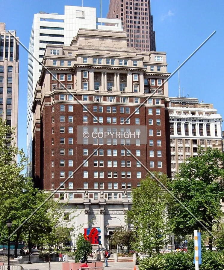 View to the west across John F. Kennedy Plaza, Robert Indiana's "LOVE" Sculpture in foreground