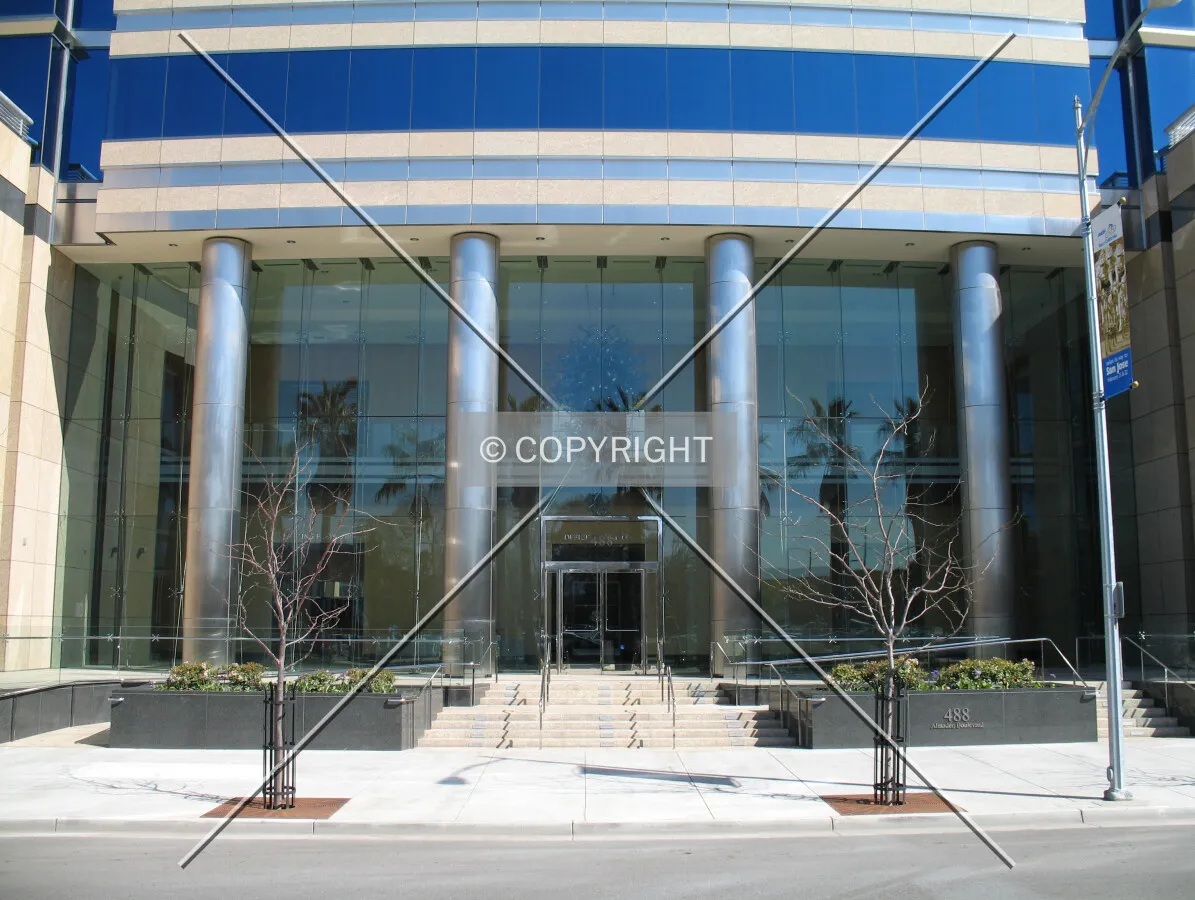 Main entrance with two-story lobby