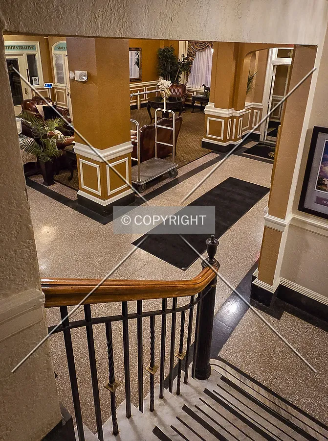View towards the lobby from the stairs; March 30, 2025