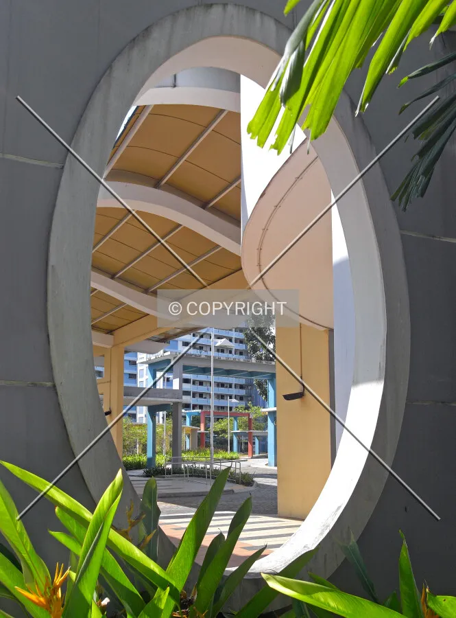 View through an ornamental window into the centre of the complex