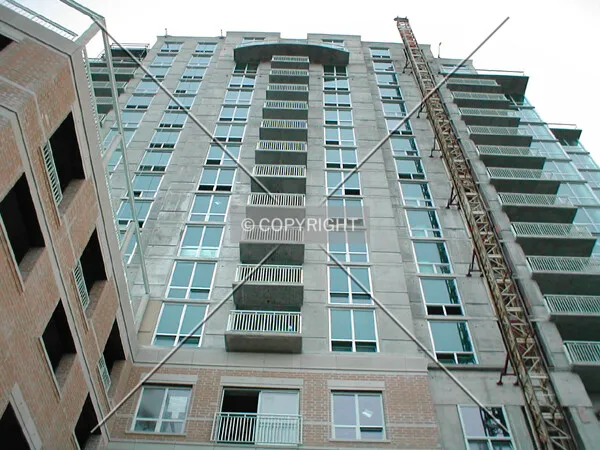 Exterior low angle elevation with adjacent parking structure