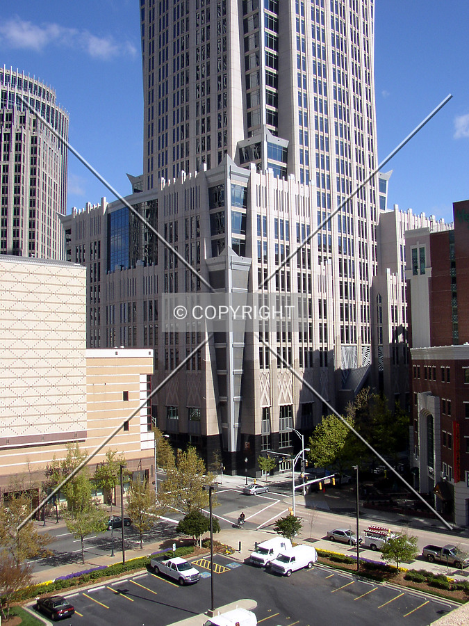 Looking northwest towards the building’s base from atop the Bank of America Corporate Center parking garage