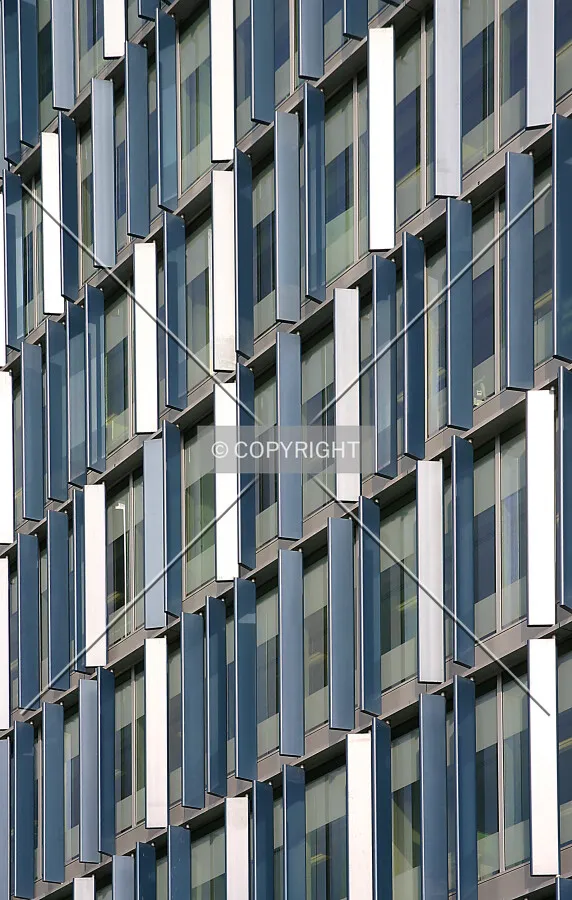 Eponymous blue fins on the west façade