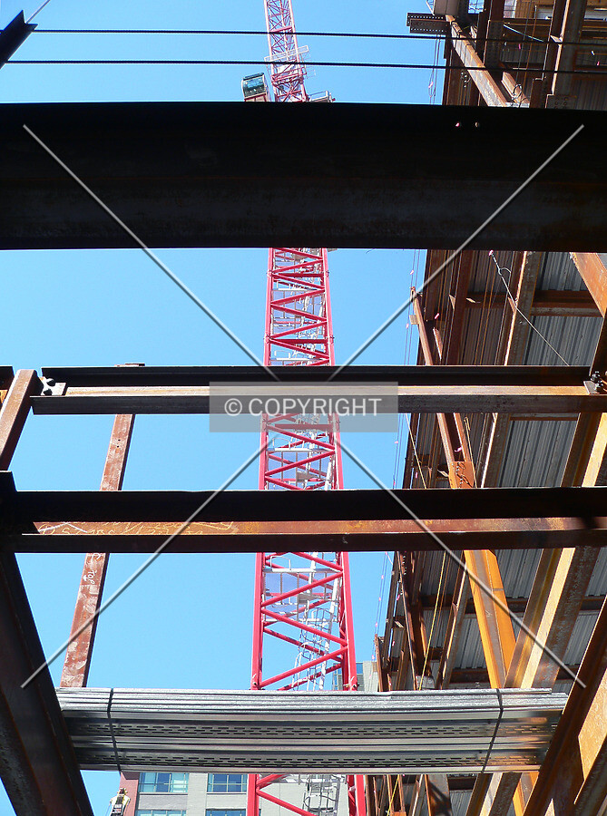 View of I-Beams, decking and the south tower crane as seen from lower LaSalle Street
