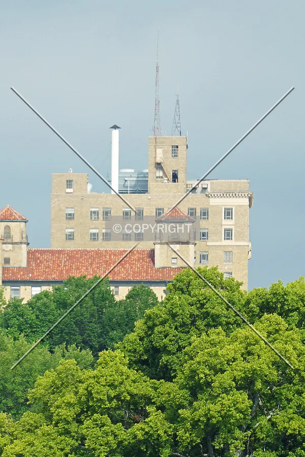 Distant view of the upper floors from the east; July 4, 2017