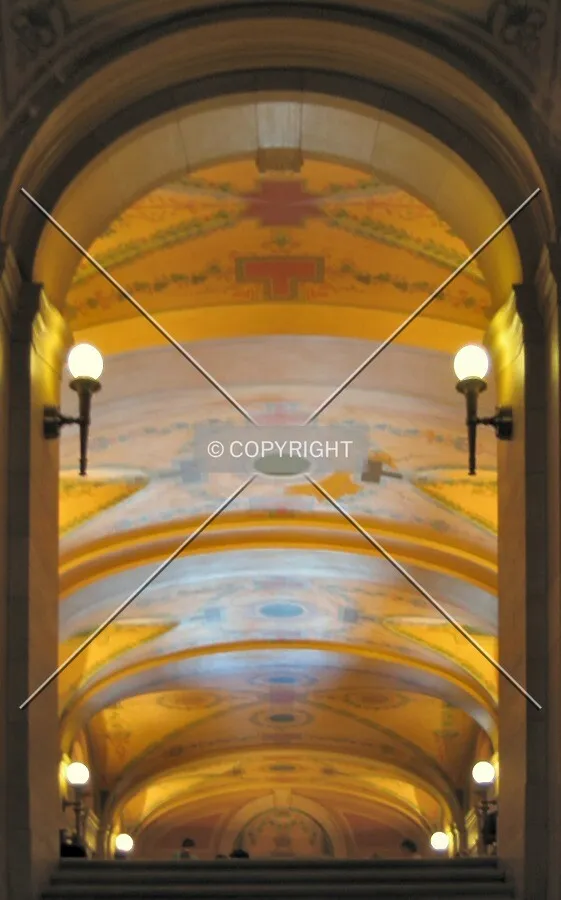 Looking up to the east corridor ceiling from the ground floor