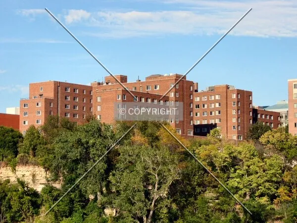 View to the northeast across the Mississippi River, East Building on the right