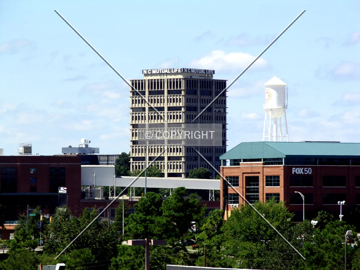 Distant view from the southeast across the Durham Freeway