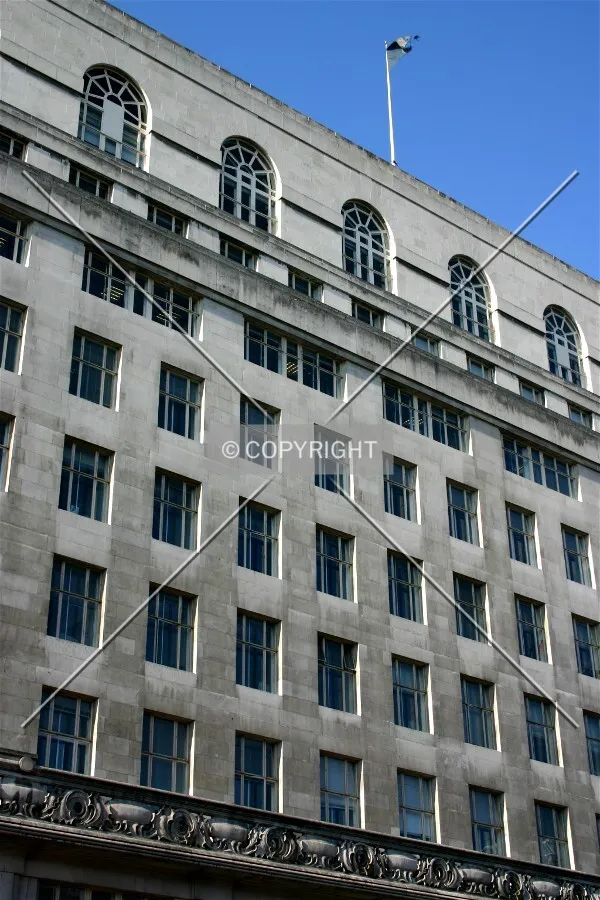 Looking up at the façade from Lancaster Place