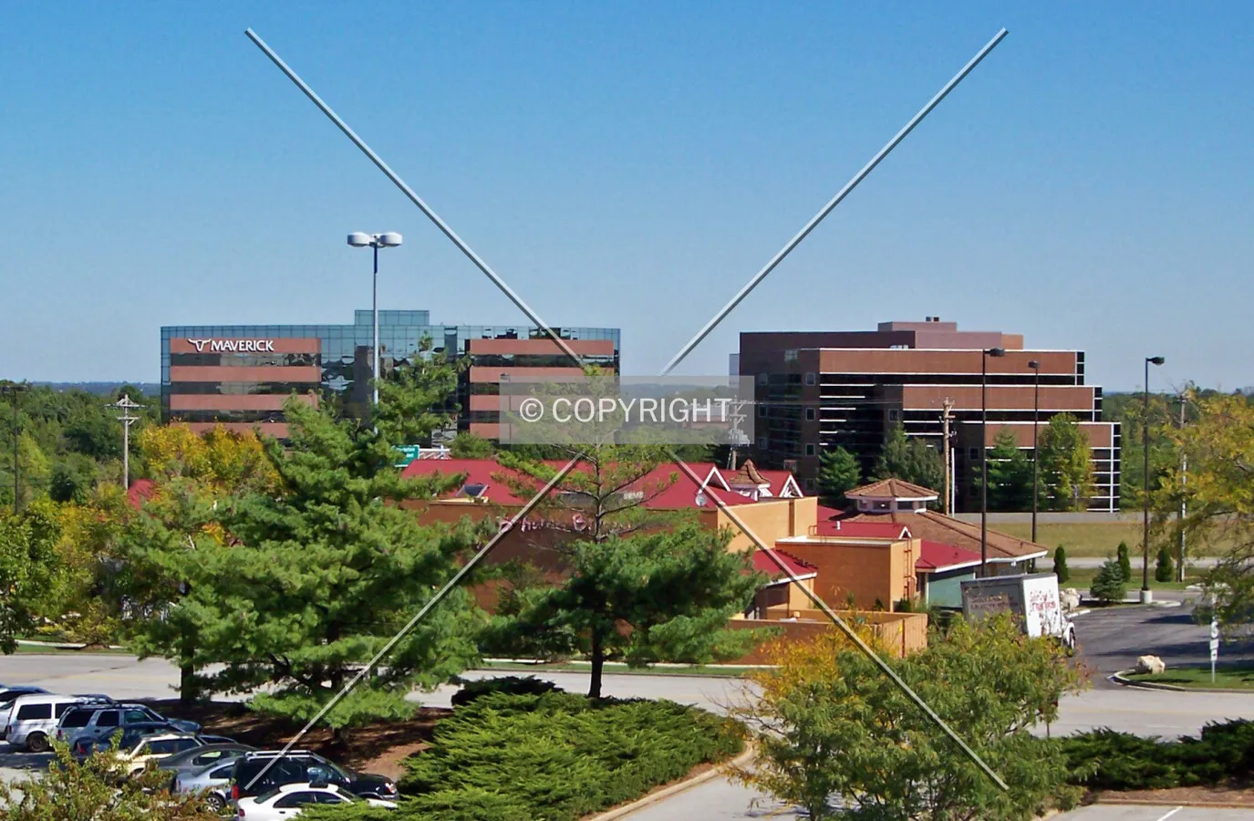 Looking north from the Chesterfield Mall at office buildings along Highway 40