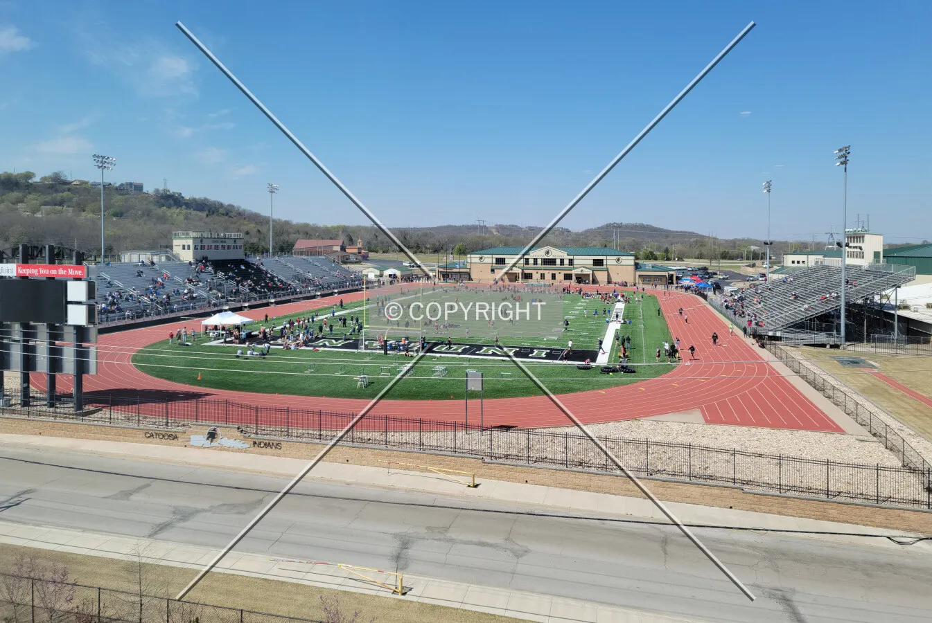 From the southeast during a track meet; April 2, 2021
