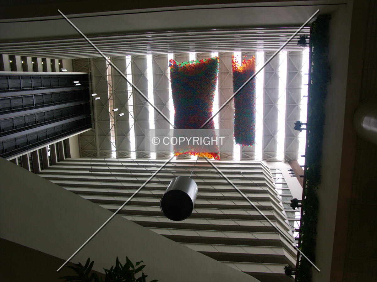 Looking up at atrium ceiling