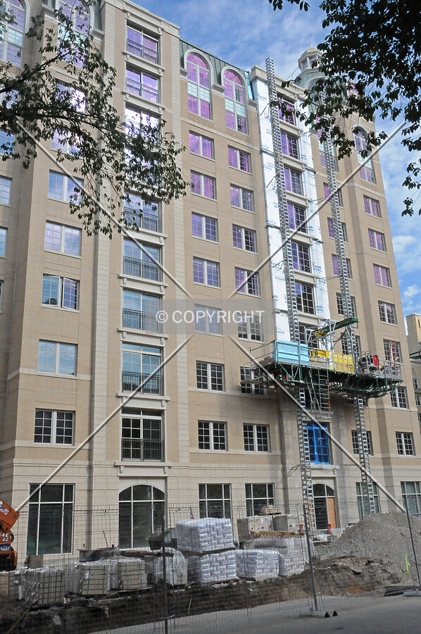 Looking up the western facade from Hinman Avenue