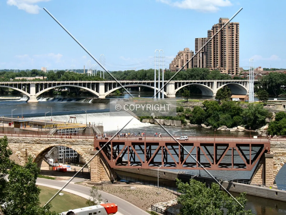 View to the northwest from the Terrace on the Endless Bridge at the Guthrie Theater, St. Anthony Falls and the 3rd Avenue Bridge also visible