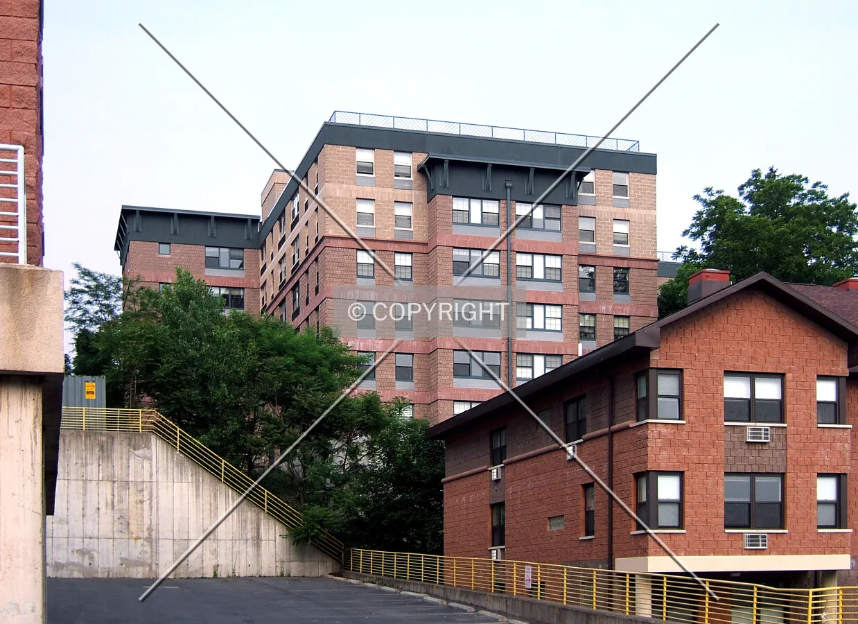 View from the northwest showing the building's rear