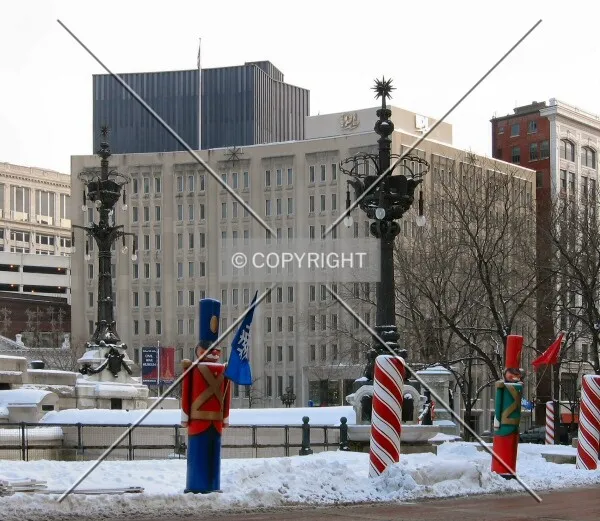 View to the southeast across Monument Circle, Christmas decorations in foreground