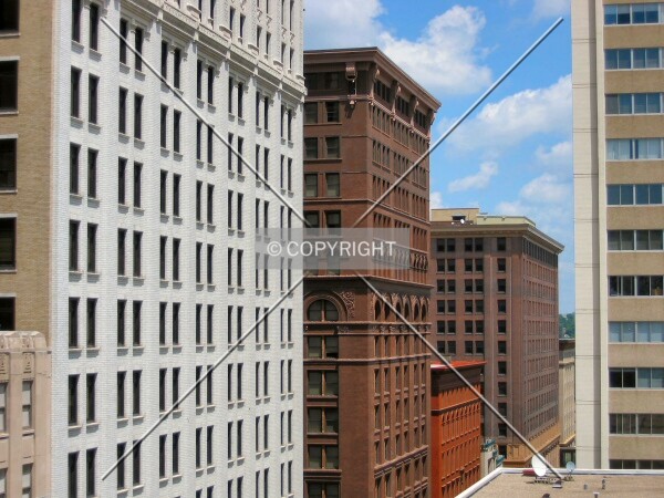 View to the east from atop the Capital City Plaza Ramp, Merchant's Bank Building in foreground