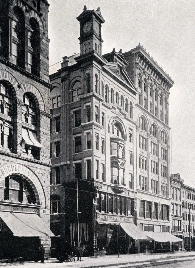View from the northwest with the Sage-Allen Building to the right