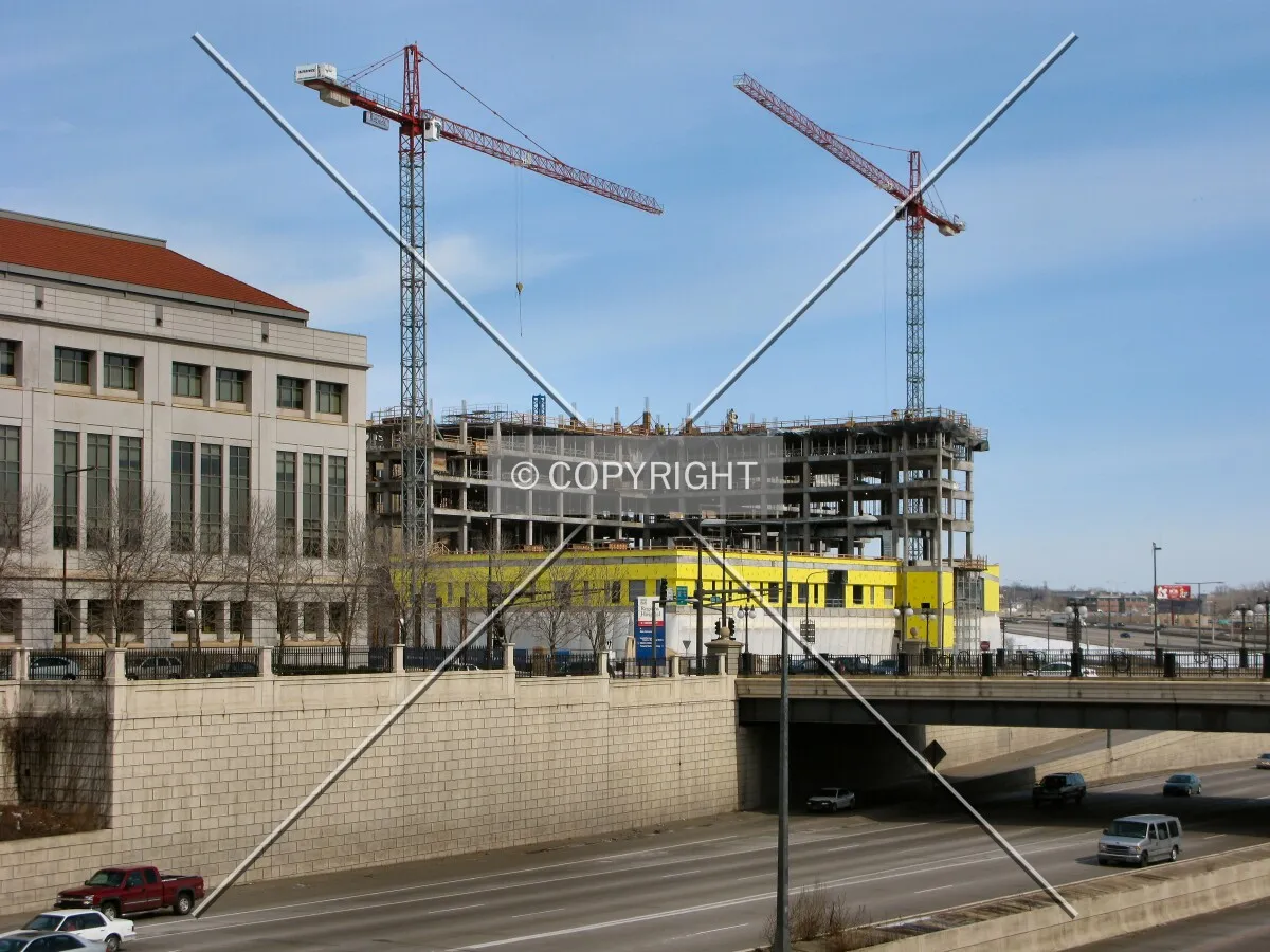 View to the northeast from Robert Street, across Interstate 35E/94
