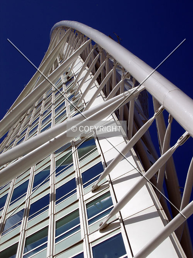Looking up along the main structural steel beam