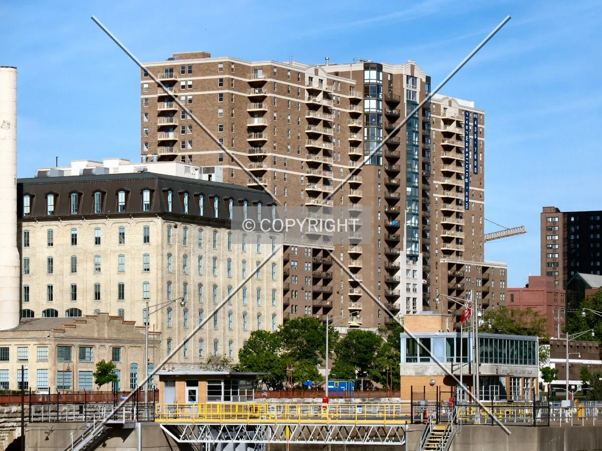 View to the southwest from the Stone Arch Bridge, beyond the Crown Roller Mill and the St. Anthony Lock