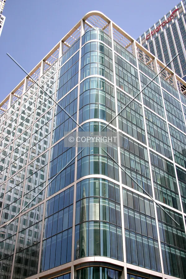 Looking up from street level at the southwestern corner