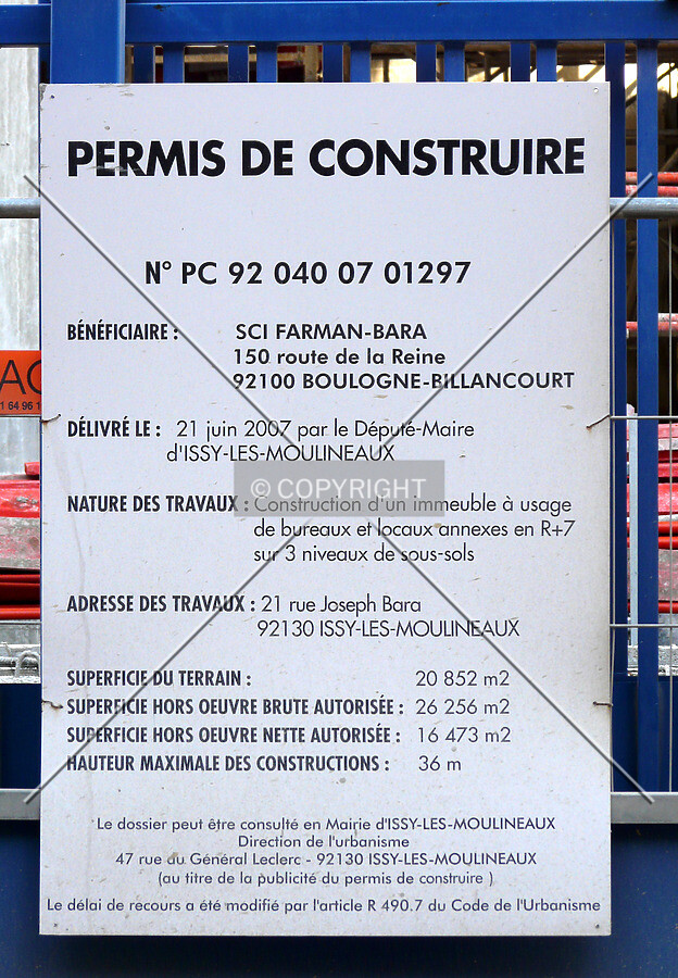 Construction permit board along Rue Bara
