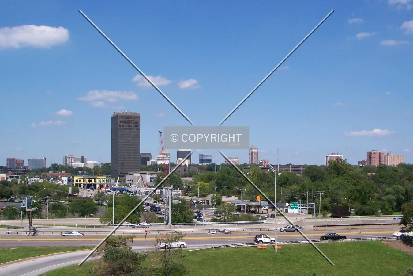 Distant view from the south, with Richmond Heights' University Club Tower in the foreground