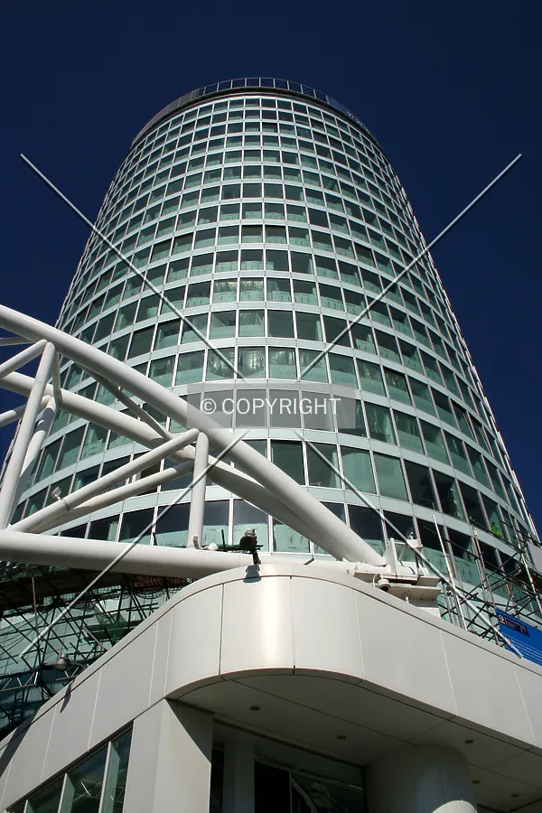 Looking up at the completed facade