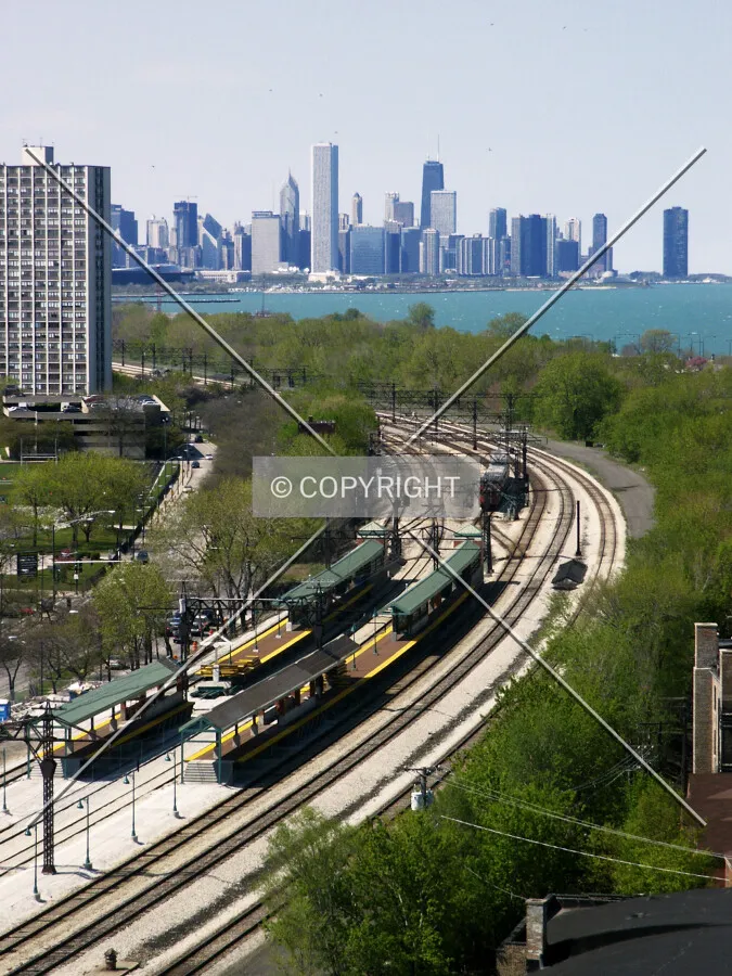 Illinois Central railroad approaching downtown along the lake