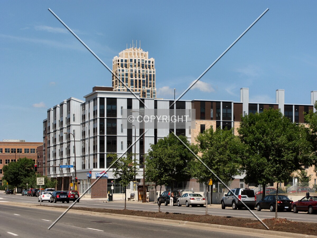 Distant view to the northwest across Washington Avenue South, the Carlyle rising beyond