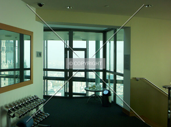 Inside the Riverside Wellness Center with Palace of Culture's reflection in the mirror