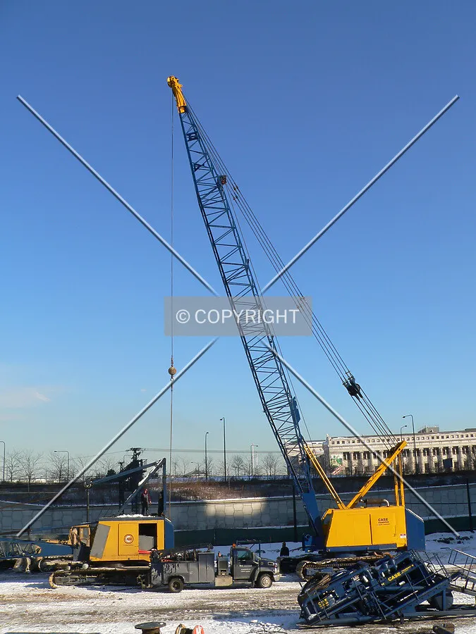 View to the east with caisson cranes being assembled