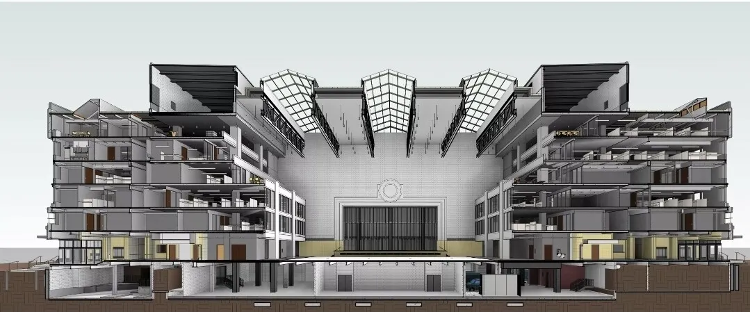 Image shows a section cut view rendering of the completed Armory building improvements