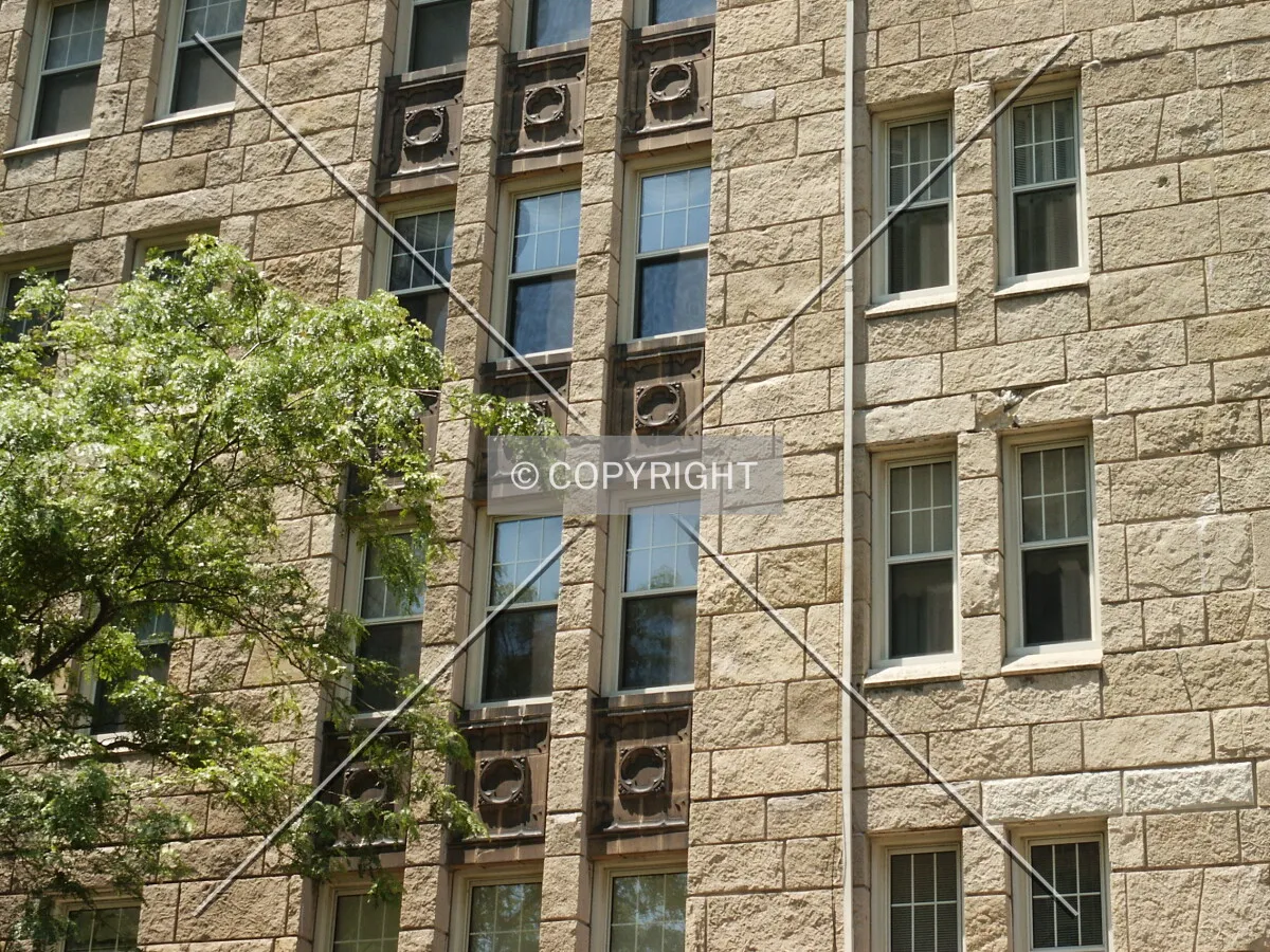 Close-up of the lower east facade