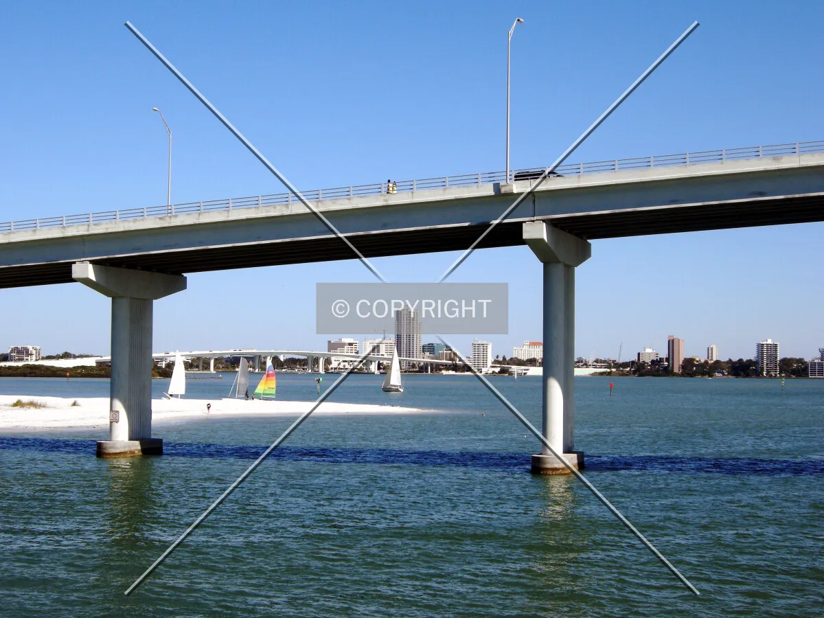 Skyline viewed from under a bridge