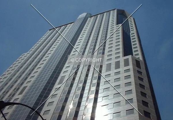 View up the East facade, from Broadway/Olive Street