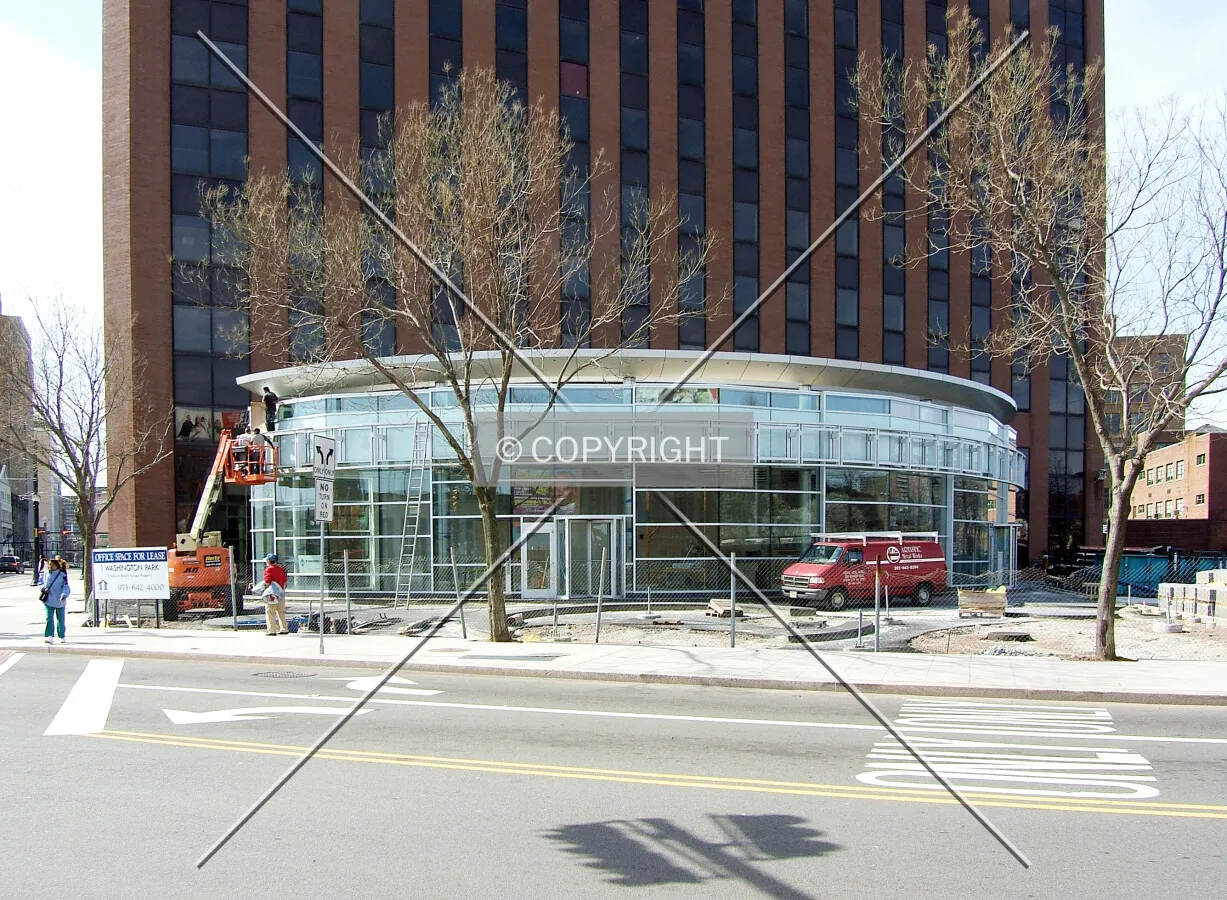 View from the north across Orange Street toward the new entrance pavilion under construction