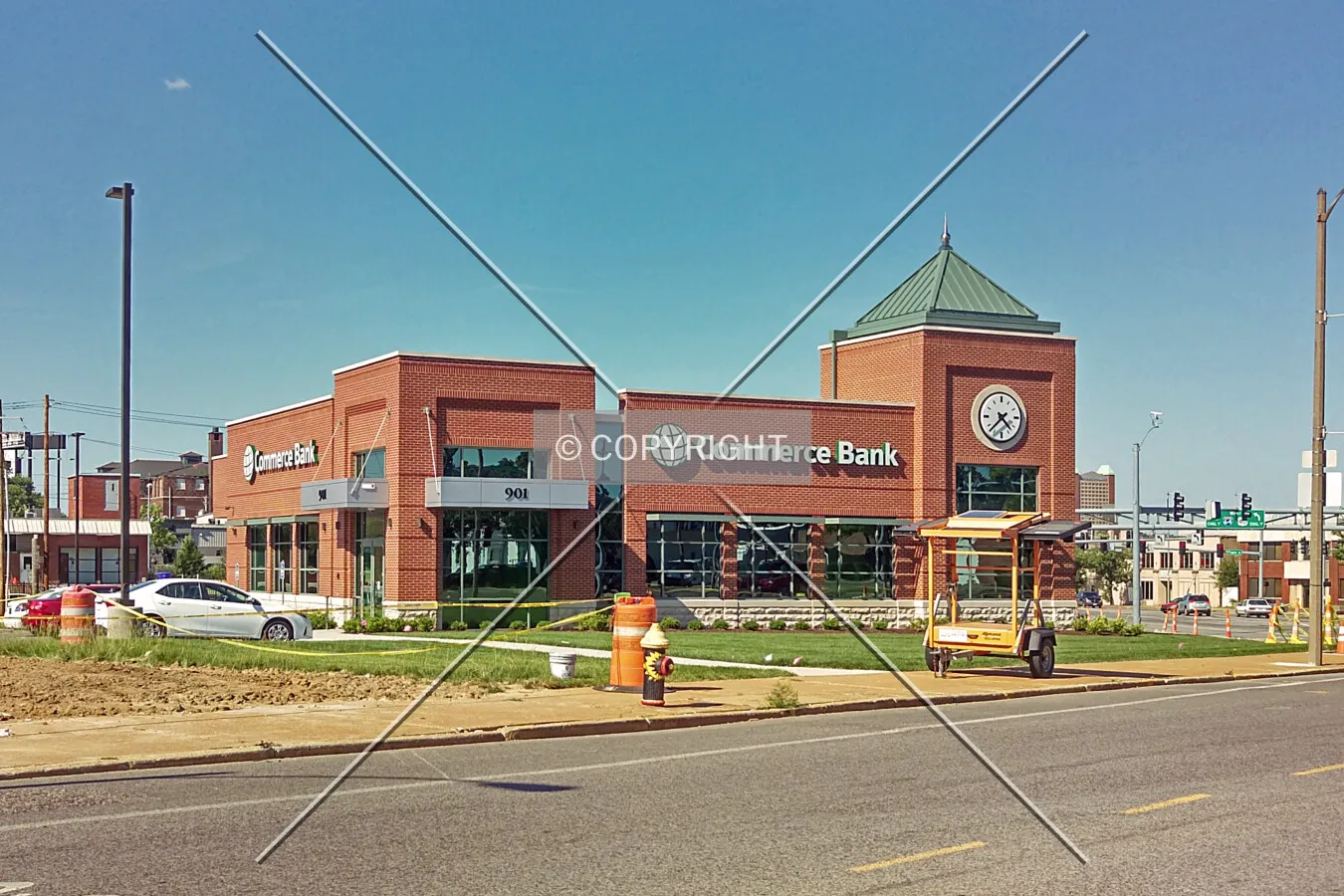 View from the southwest after the demolition of the former Commerce Bank building to the west; June 10, 2015