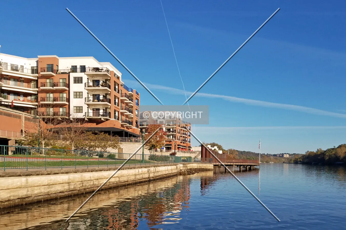 View north along Lake Taneycomo from Branson Landing in Branson, Missouri; October 23, 2016