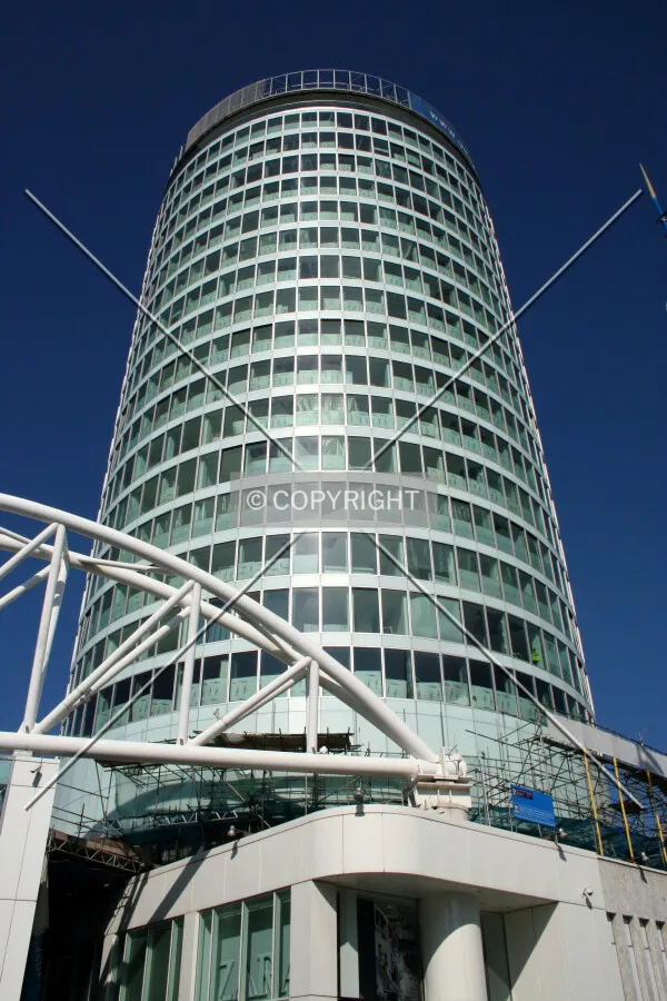 Looking up at the completed facade